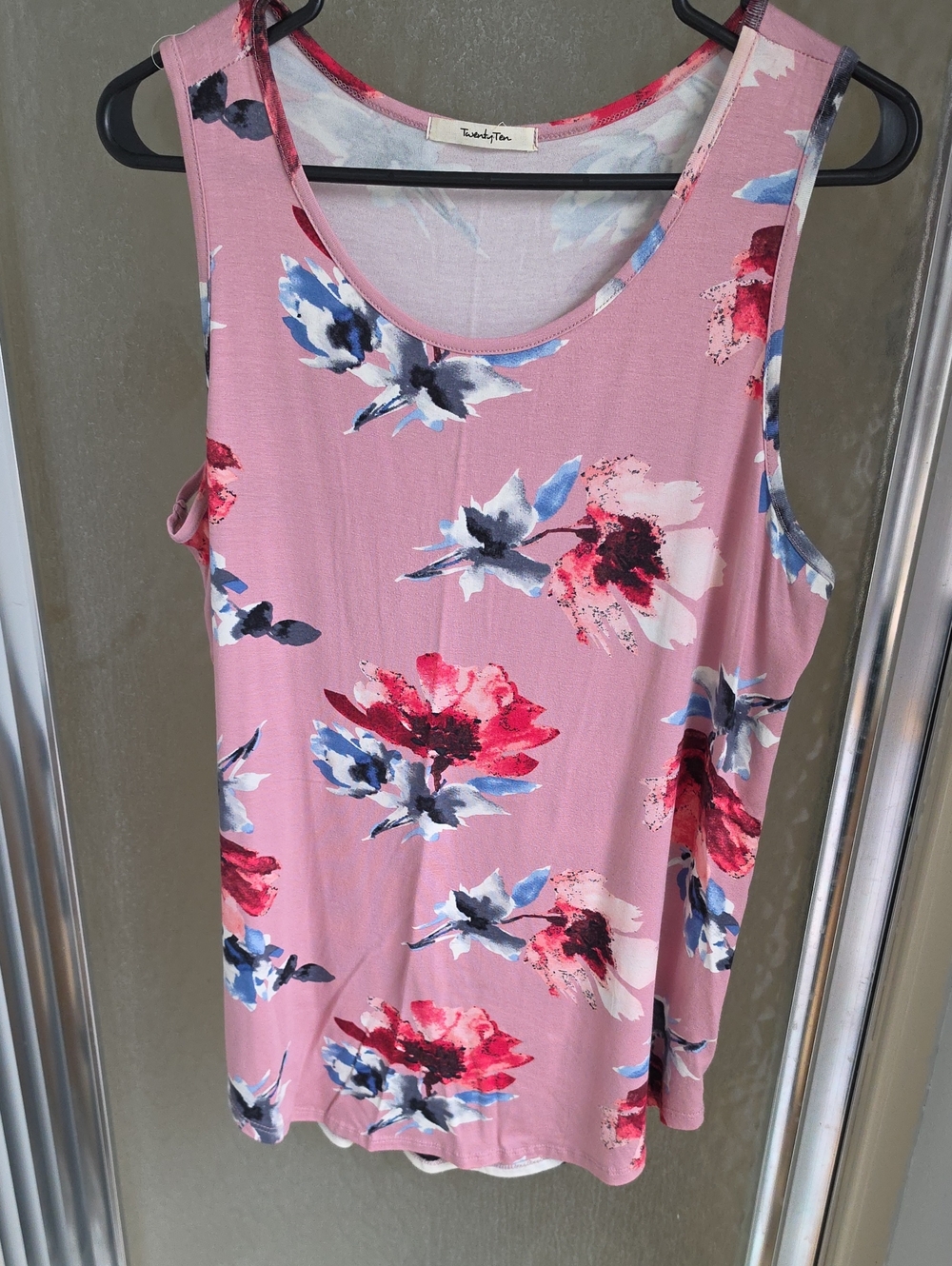 Twenty Pink Floral Sleeveless Tank with Red & Blue Blooms Striped Back